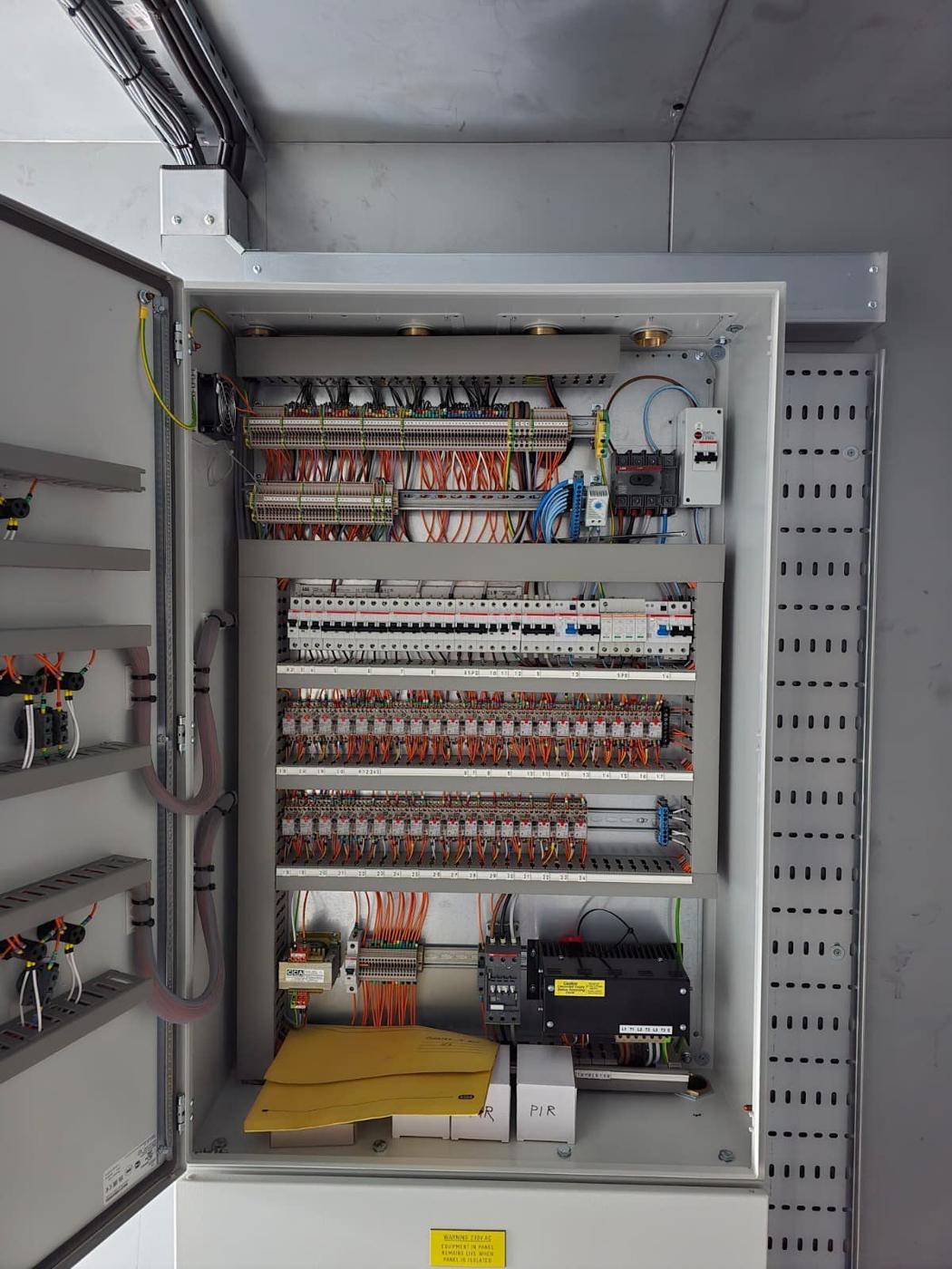 Inside a large BMS panel, fully wired