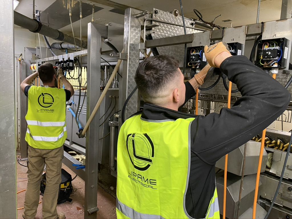 Lipame electricians wiring control panels on a factory line