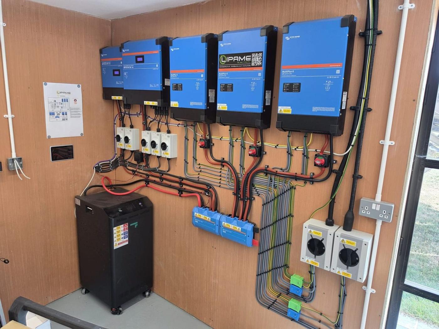 Wall of inverters and battery storage in a plant room