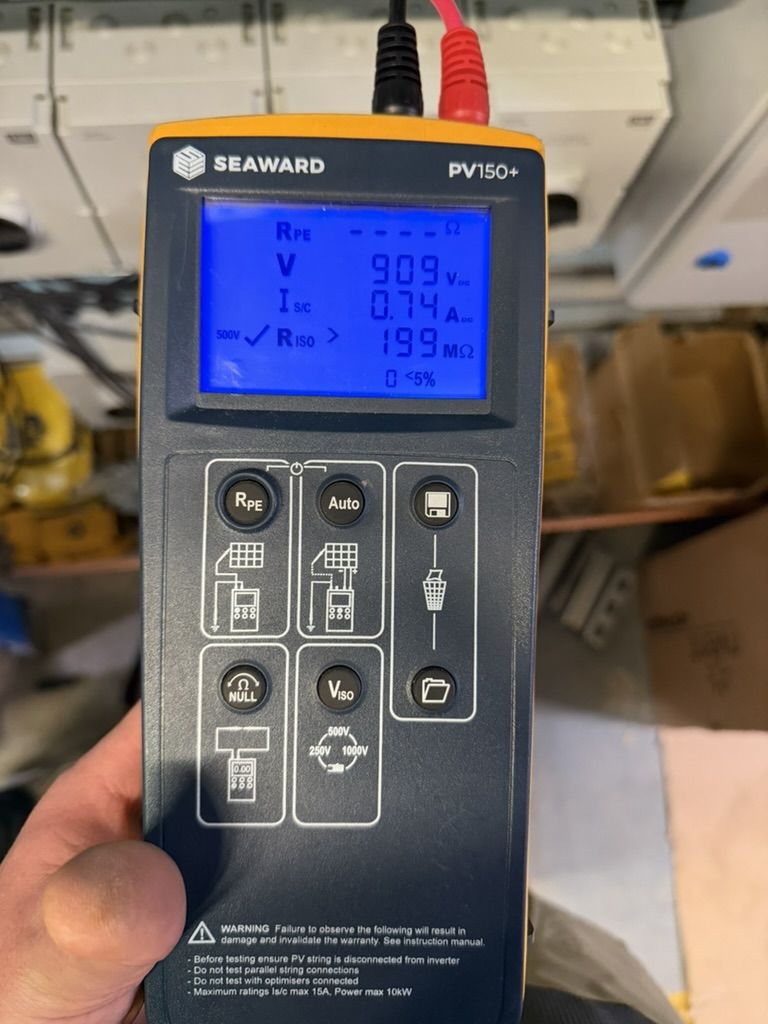 Seaward PV150 showing open-circuit voltage and current readings