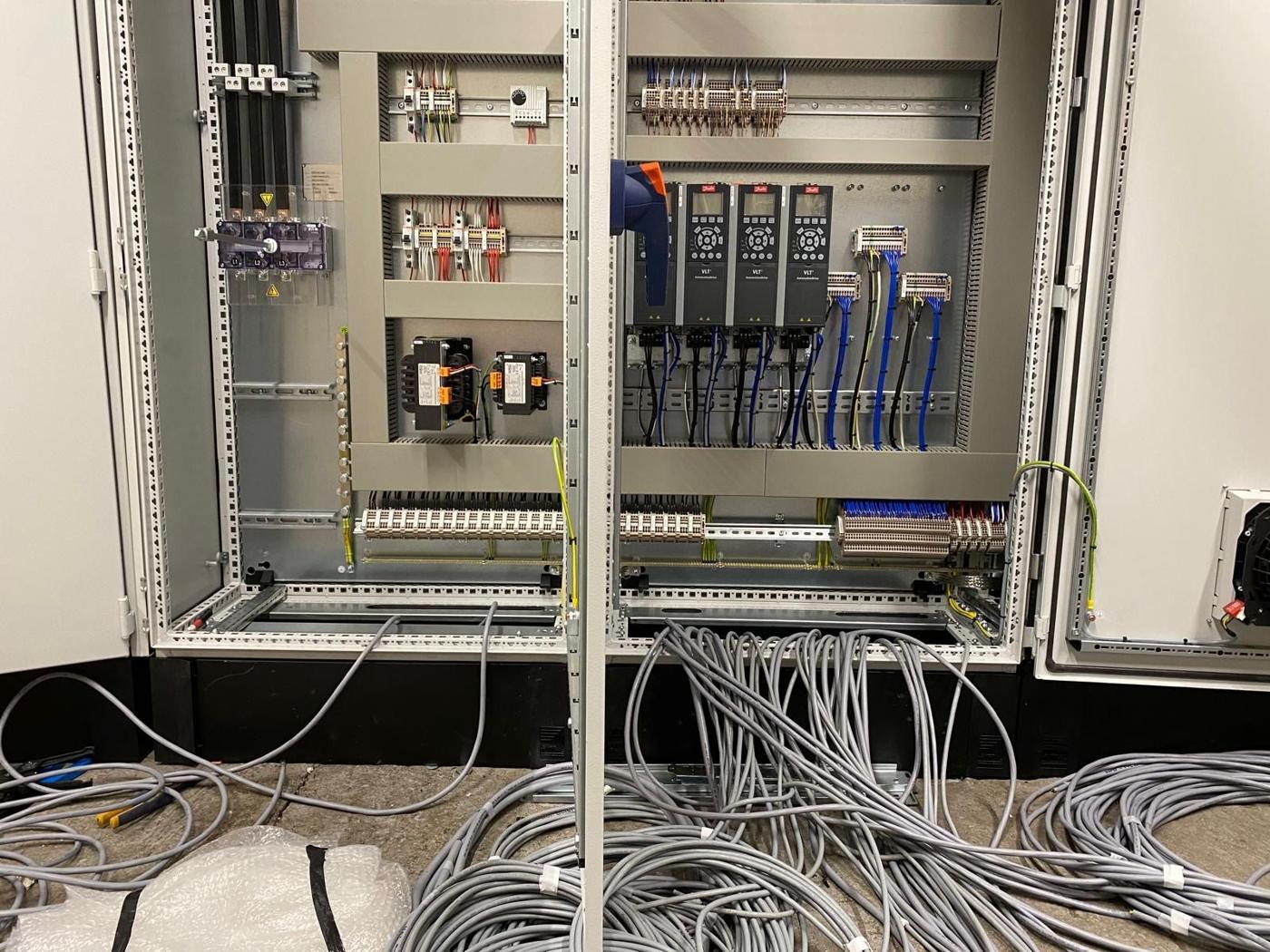 New BMS control panel with many field cables brought in, before second fix