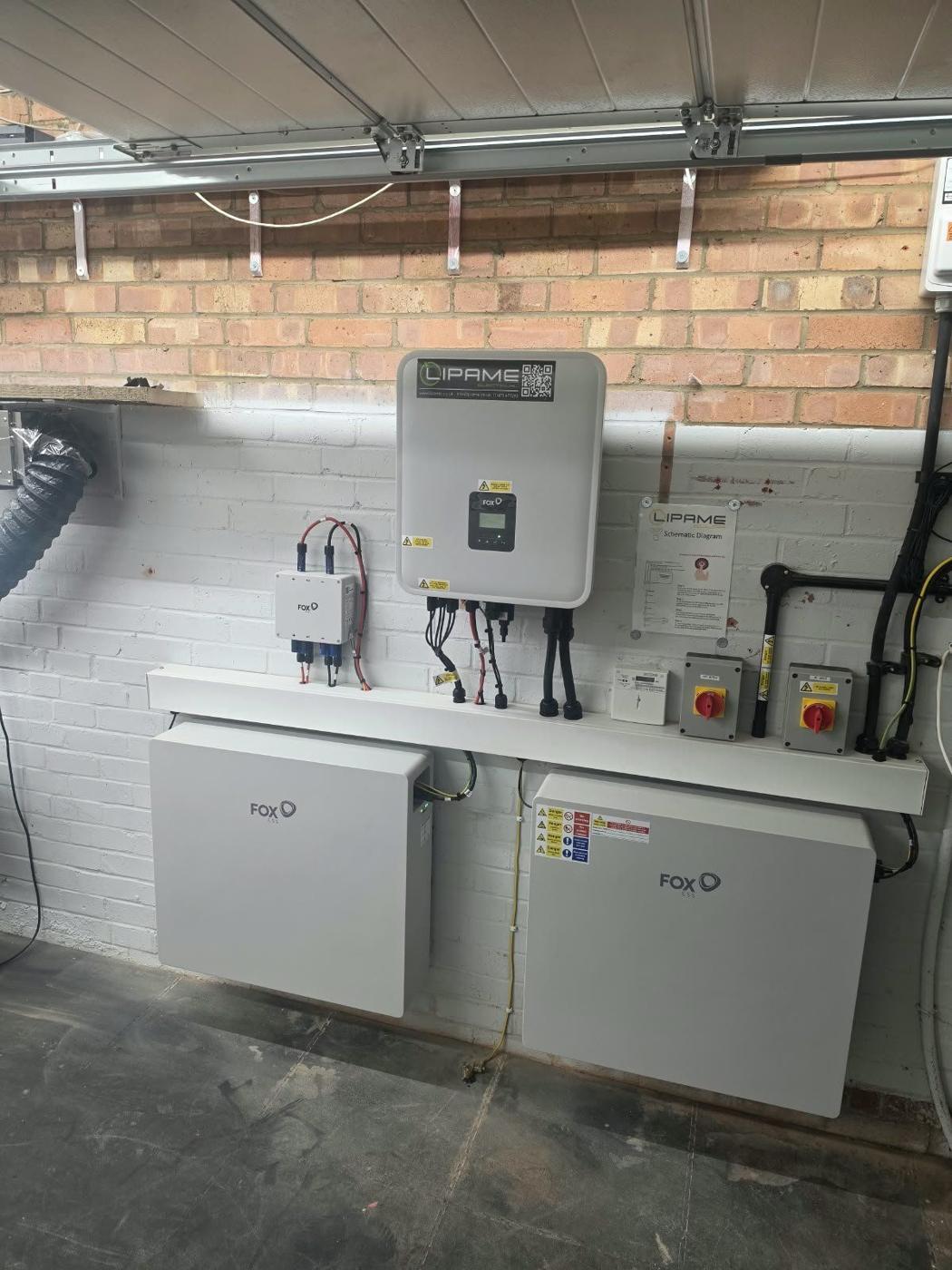 Hybrid inverter with two batteries, isolators and schematic on a garage wall