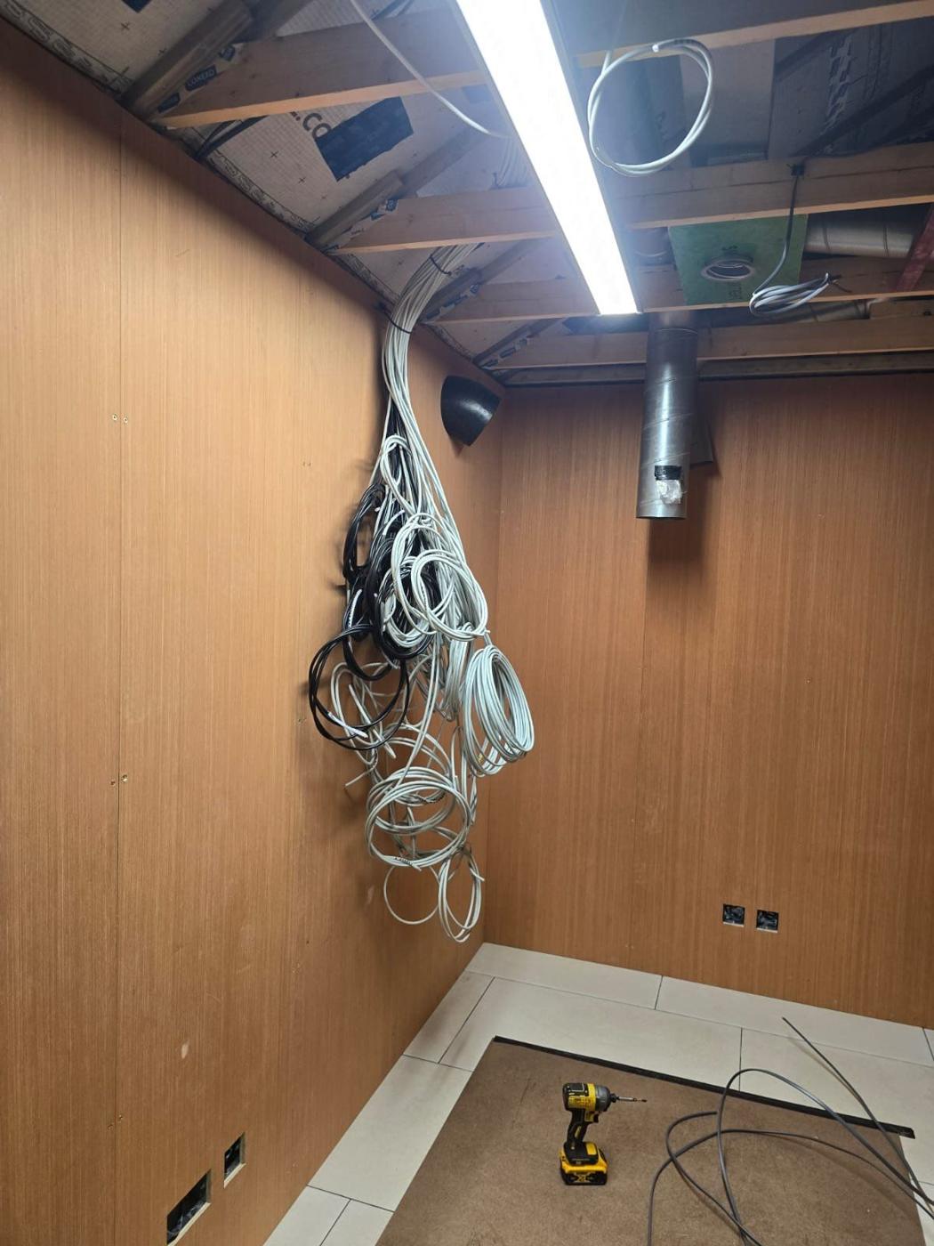 First-fix cabling for a smart home, cables dropped to the board position