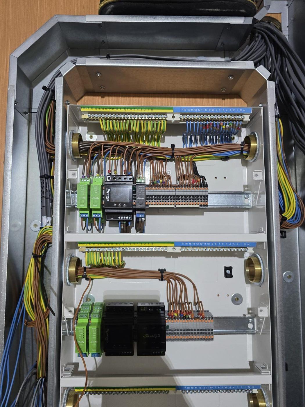 Shelly Pro board wired with labelled terminals