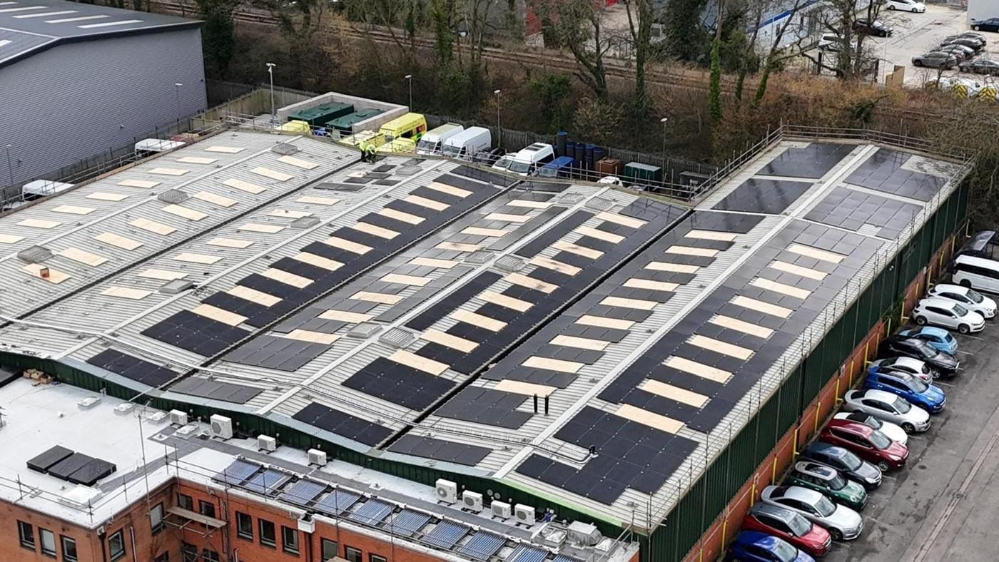 Aerial view of the finished solar arrays across the Winchester roofs