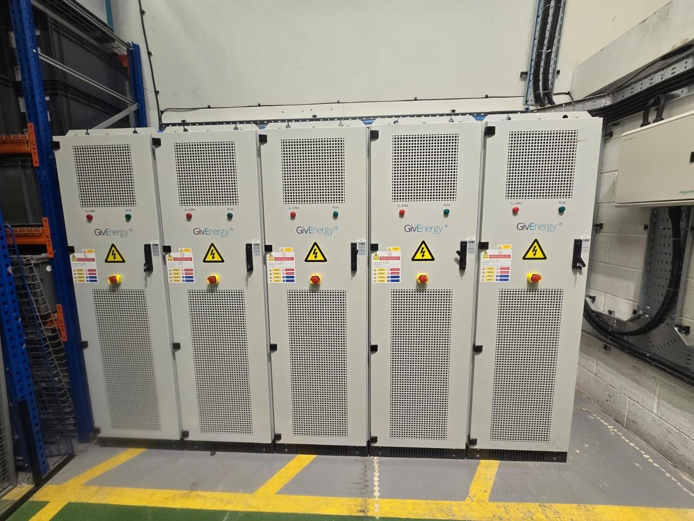 Battery storage cabinets in the plant room